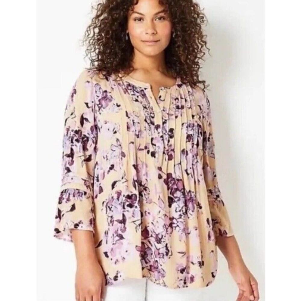 J. Jill Womens Pintucked Bell Sleeve Floral Blouse Purple Peach 3/4 Sleeve MP
